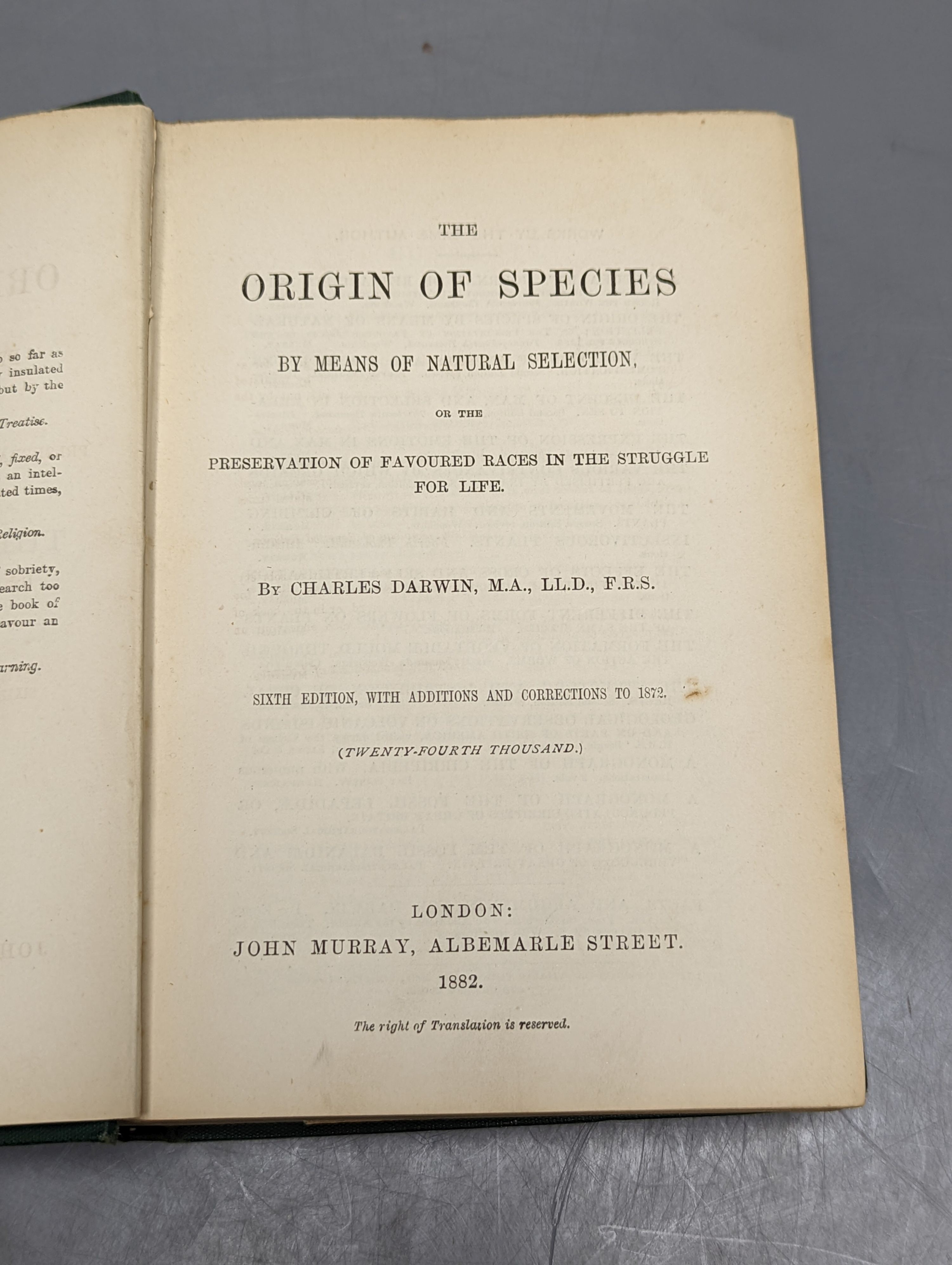 Darwin, Charles - The Origin of the Species, 6th edition, (twenty-fourth thousand), 8vo, original green cloth, John Murray, London, 1882